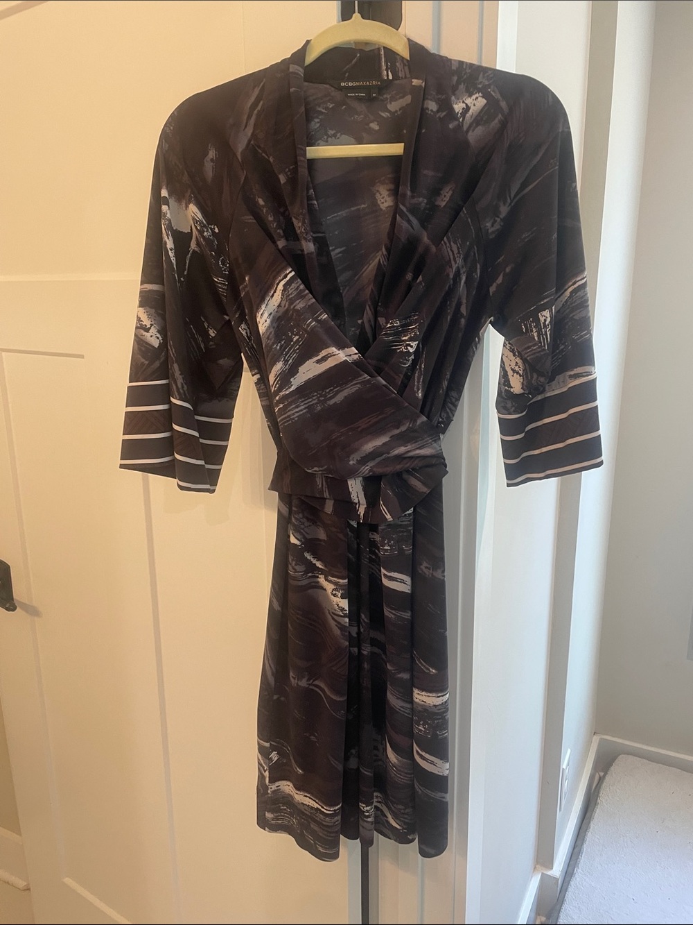 BCBGMaxAzria Black and White Marble-Print Wrap Dress